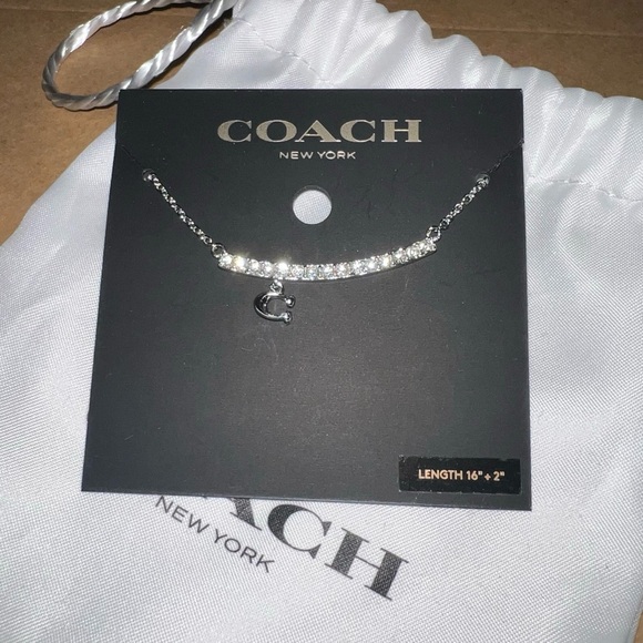 Coach Jewelry - NWT Coach Silver Pave Bar Necklace Crystal Smile C Logo Charm 91431 Gift Bag